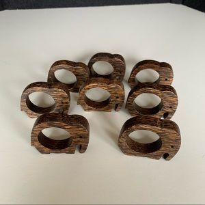 8 Wooden Elephant Napkin Rings Dark striped wood primitive style carving.